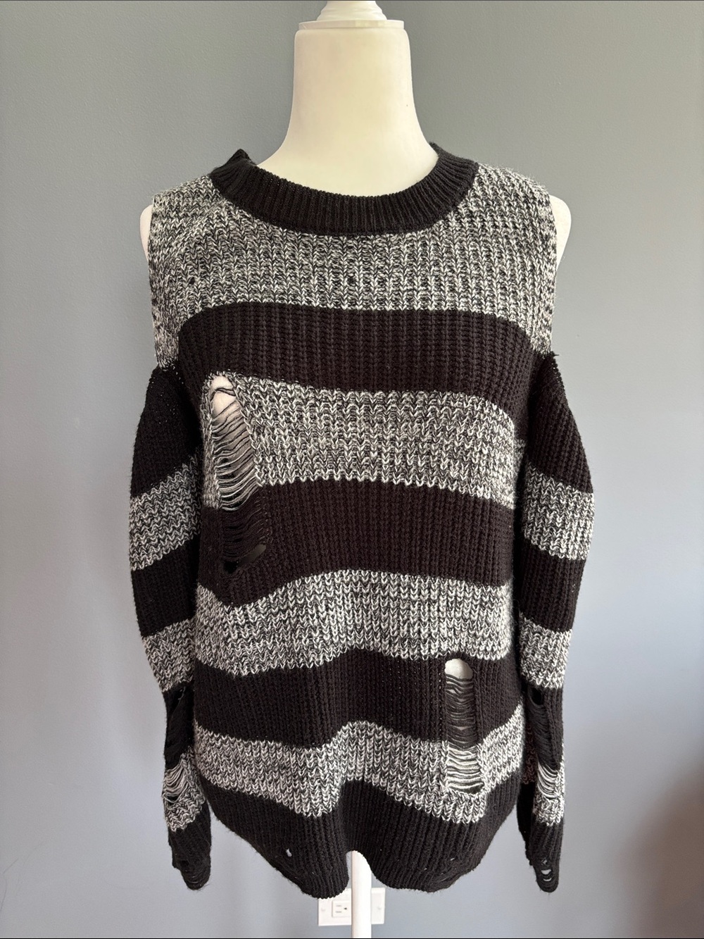 Fashion Nova Black and Gray Striped Distressed Cold-Shoulder Sweater